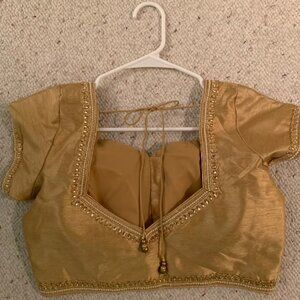 NWOT Gold raw silk Saree blouse ethnic with in-built bra